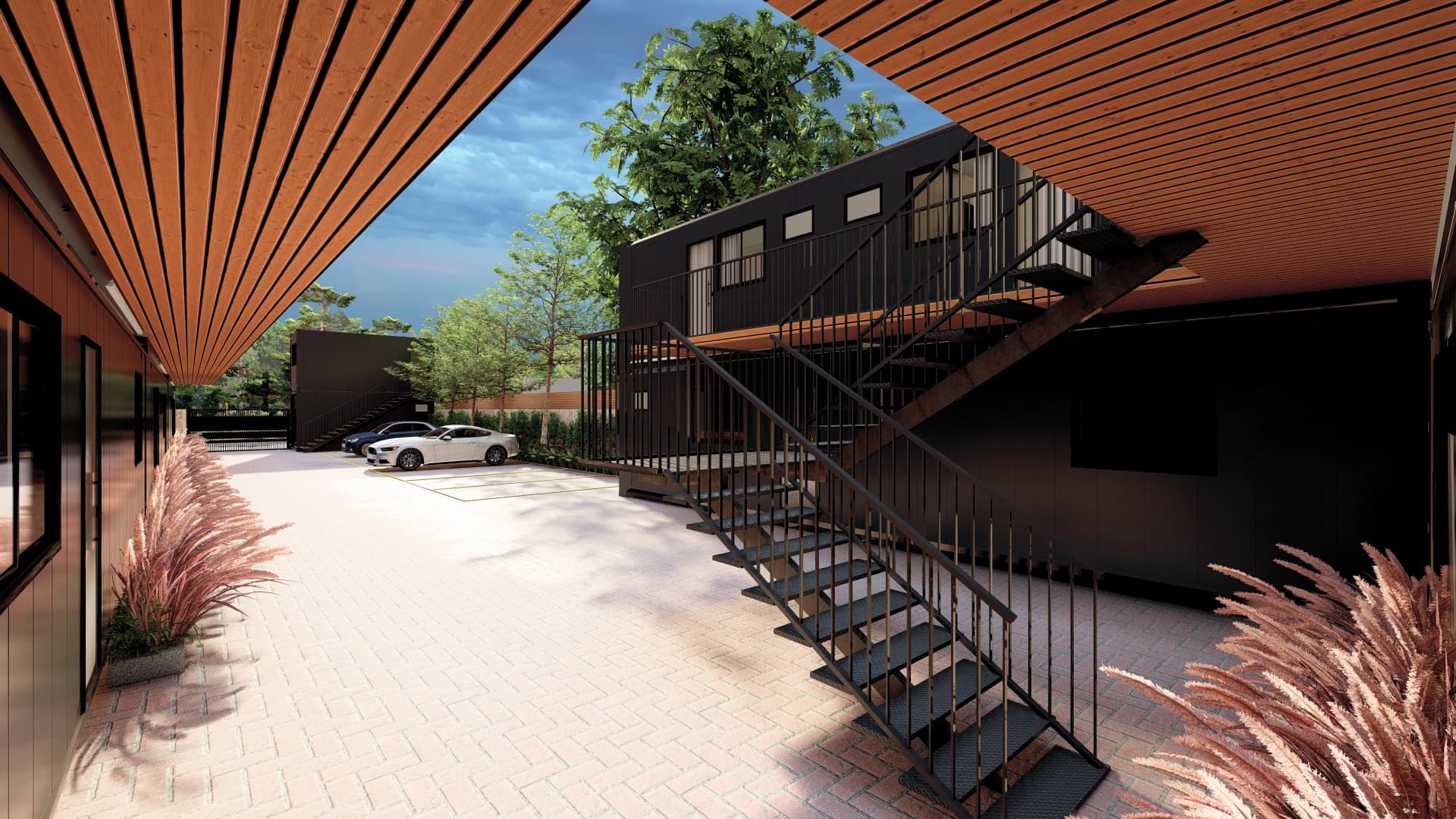 Render do projeto: passarelas, escada metálica e marquises com acabamento amadeirado