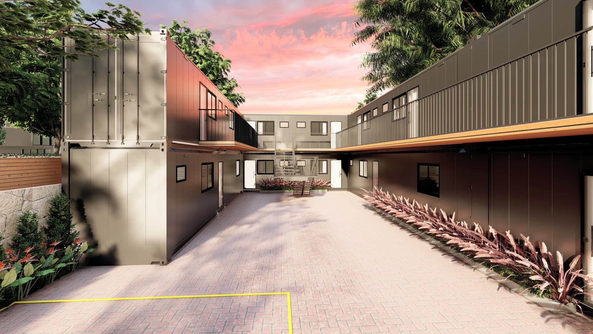 Render do pátio central do projeto Norte Loft, com containers de dois pavimentos, escada e paisagismo