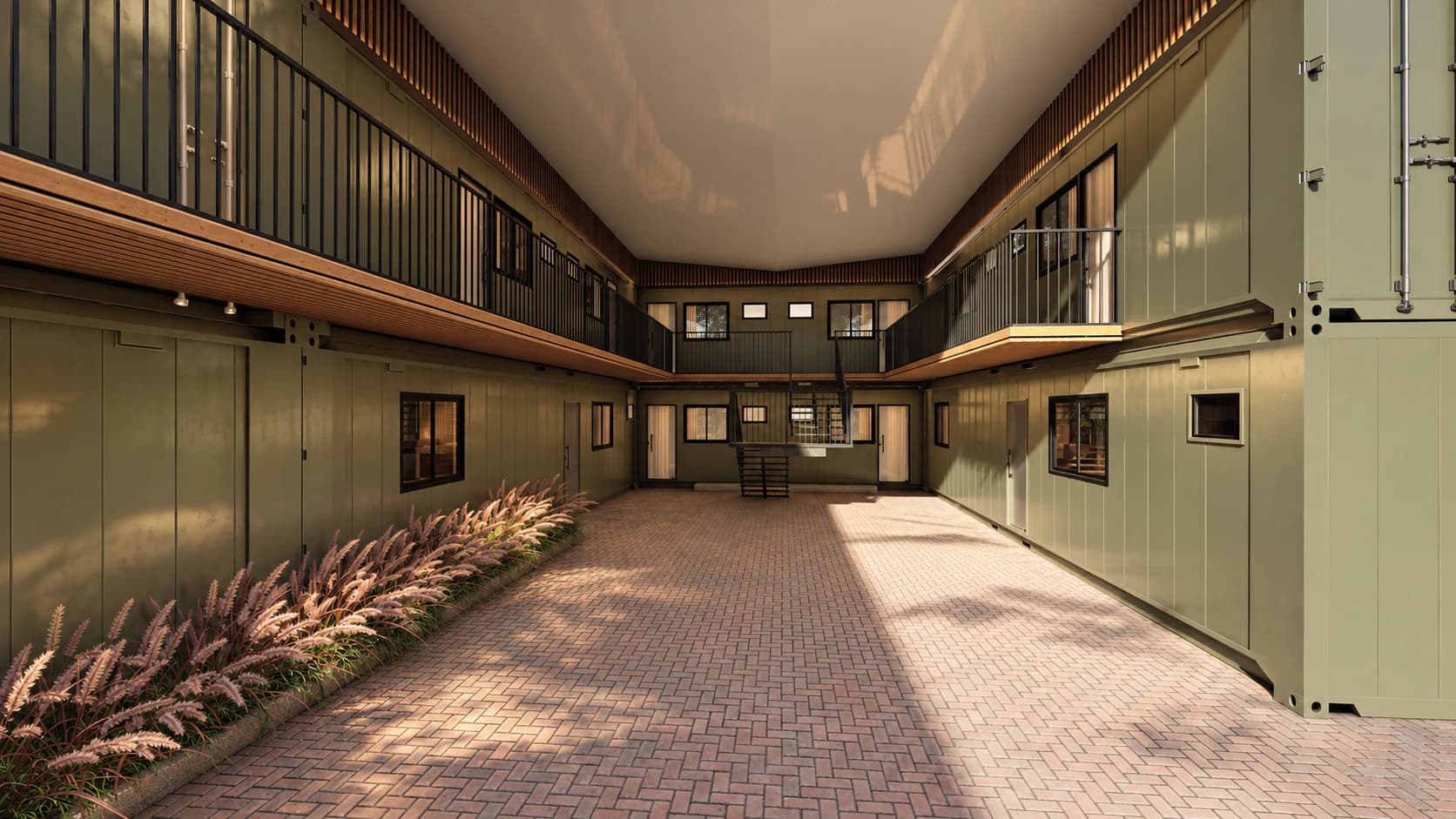 Render do pátio interno da Norte Loft, entre as alas de lofts de dois pavimentos, com escada ao fundo e jardineiras
